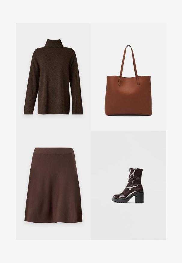 Barna kötött pulóver magas bordás gallérral, széles ujjal és puha textúrával. Laza szabású, a ujjak bordás díszítéssel.; Barna A-vonalú szoknya, gumis derékkal, sima kötött textúrával és enyhe harangszárnnyal az alján, sima világos háttér előtt.; Fényes bordó bokacsizma vastag fekete sarokkal, sima felülettel és egyszerű dizájnnal. Nincsenek látható zárak vagy minták.; Barna bőr vászontáska sima textúrával, nyitott tetejű dizájnnal és két vállpánttal. Minimális varrással és látható hardver nélkül készült.
