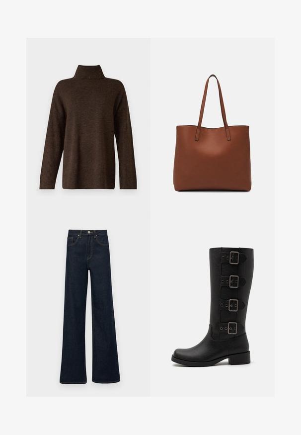 Pruun koondatud kootud särk kõrge sooniku kaelusega, laia varrukatega ja pehme tekstuuriga. Omab lõdvaist sobivust ning soonikaktsente varrukatel.; Tumedast sinised laiad teksapüksid, millel on ees taskud, vöökohad ja nööpkinnitus.; Mustad mustad mustad, mis on valmistatud siledast sünteetilisest materjalist. Omab nelja dekoratiivset rihma nelinurksete metallist pandlitega. Bloki konts.; Pruun nahast tote-kott, millel on sile tekstuur, avatud ülaosa disain ja kaks õlarihma. Omab minimaalset õmblust ja nähtavat riistvara ei ole.