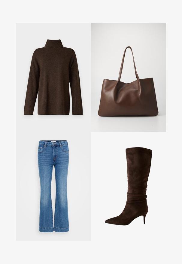 Ruskea neulepaita, jossa on korkea ribattu kaulus, leveät hihat ja pehmeä textura. Ominaisuuksiin kuuluu rento malli ja ribbaus yksityiskohtina hihoissa.; Siniset farkut, joissa on levenevä lahje, korkea vyötärö, hillitty kulutusilme edessä, viisi taskua sekä kontrastiväriset tikkaukset saumoissa.; Ruskea mokkanahkainen polvipitkä saapas, jossa on terävä kärki ja kapea korko. Muotoilussa on ryppyinen pinta yläosassa lisäyksinä.; Ruskea nahkainen kantokassi, jossa on pehmeä ja rento muotoilu. Varustettu kahdella pitkällä kahvalla ja sileällä pinnalla, jossa ei ole näkyvää metalliosaa tai kuvioita.