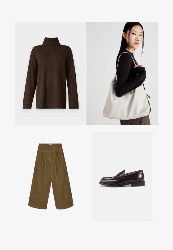 Brown knitted sweater with a high ribbed collar, wide sleeves, and a soft texture. Features a relaxed fit and ribbed accents on the sleeves.; Brown wide-leg corduroy pants with high waist, front pleats, side pockets, and a button closure.; Burgundy leather loafers with a glossy finish, featuring a stitched toe and a small decorative strap on the front. Low stacked heel.; Beige handbag made of soft material, featuring a slouchy design, stitched detailing, and two shoulder straps. Suitable for everyday use.
