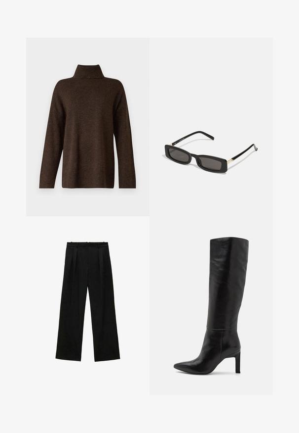 Maglione brown in maglia con colletto alto a costine, maniche larghe e una texture morbida. Presenta una vestibilità rilassata e dettagli a costine sulle maniche.; Pantaloni neri a gamba larga con pieghe, caratterizzati da una texture liscia e un design a vita alta. Stile minimalista, senza hardware o decorazioni visibili.; Stivali in pelle nera alti fino al ginocchio con punta affusolata e texture liscia. Il tacco è di tipo blocco, aggiungendo stabilità al design.; Occhiali da sole neri rettangolari con lenti scure, montatura in plastica lucida e accenti dorati sulle tempie. Design minimalista e forma elegante.; Borsa a spalla in finta suede marrone con due manici robusti, forma strutturata e design minimalista, caratterizzata da sottili accenti di cucitura.