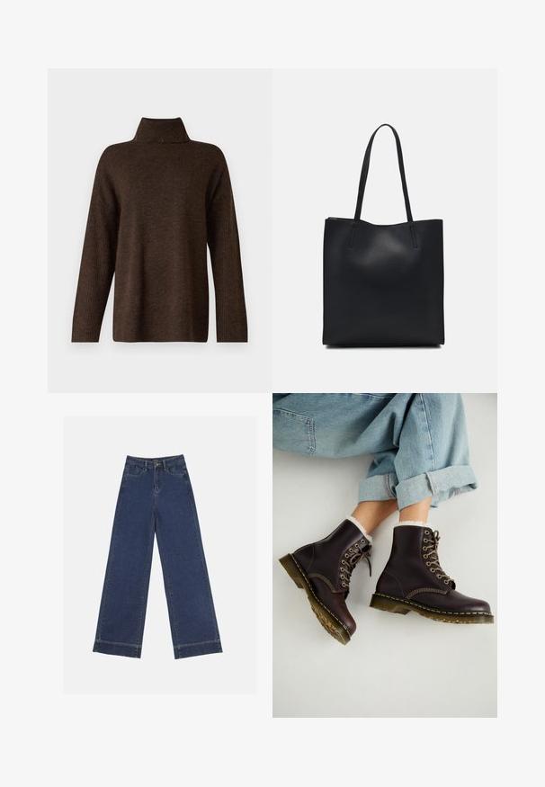 Brown knitted sweater with a high ribbed collar, wide sleeves, and a soft texture. Features a relaxed fit and ribbed accents on the sleeves.; Wide-leg jeans in dark blue denim. Features five pockets, belt loops, and a raw hem at the bottom with visible stitching details.; Brown leather ankle boots with lace-up design, fur lining, yellow stitching, and chunky rubber soles. Worn with rolled light blue jeans.; Black leather tote bag with smooth texture, rectangular shape, and two long handles. No visible hardware or embellishments.