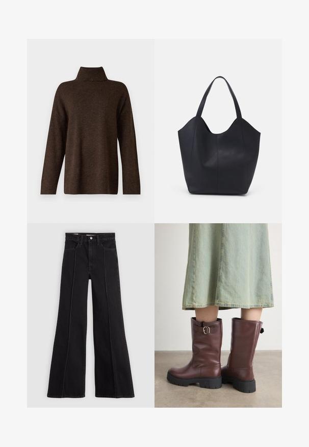 Hnědý pletený svetr s vysokým žebrovaným límcem, širokými rukávy a měkkou texturou. Má uvolněný střih a žebrované detaily na rukávech.; Černé džíny s vysokým pasem a širokými nohavicemi, s prošitím v přední části, zapínáním na knoflík, poutky na opasek a předními kapsami na jednoduchém světlém pozadí.; Hnědé kožené vysoké boty po kolena s texturovaným povrchem, s bočním páskem a masivními černými gumovými podrážkami.; Černá taška přes rameno vyrobená z hladké kůže, s zakřiveným, otevřeným vrchem a dvěma ramenními popruhy, s minimalistickým designem.