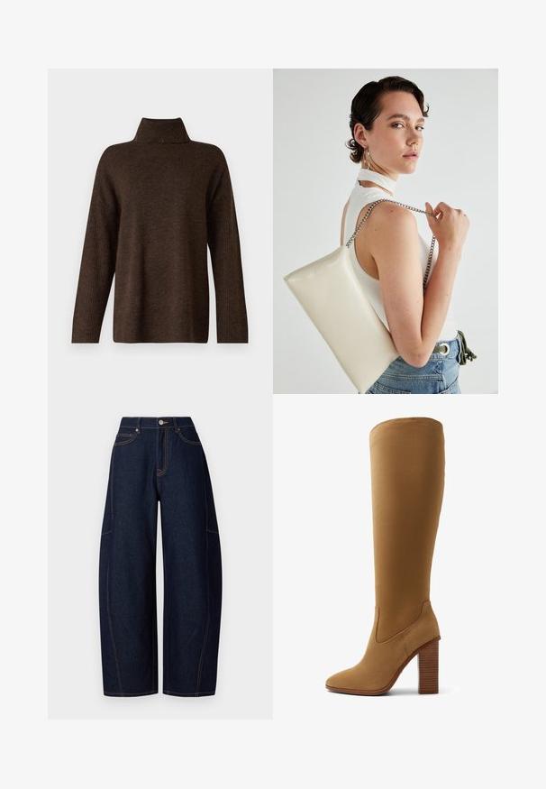 Maglione brown in maglia con colletto alto a costine, maniche larghe e una texture morbida. Presenta una vestibilità rilassata e dettagli a costine sulle maniche.; Pantaloni in denim blu scuro a gamba larga con cuciture arancioni a contrasto, cinque tasche e chiusura con bottone e zip in vita.; Stivali in suede beige al ginocchio con punta a punta, dettagli di cuciture verticali e tacco spesso con scanalature orizzontali.; Borsa a pochette rettangolare bianca realizzata in materiale lucido, con una tracolla in catena argentata. Il modello posa, mostrando la borsa su uno sfondo semplice.