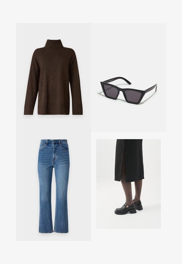 Rudas megztinis su aukšta raukšlėta apykakle, plačiomis rankovėmis ir minkšta tekstūra. Yra laisvas prigludimas ir raukšlėti akcentai ant rankovių.; Šviesiai mėlynos džinsinės platėjančios kelnės su aukštu liemeniu, penkiomis kišenėmis ir subtiliais dėvėjimosi ženklais. Yra auksinės siūlės ir mygtukų užsegimas.; Juodos odinės bateliai su apvaliu nosiu, stora blokine pakulne ir elastingais šonais, derinami su tamsiomis pėdkelnėmis ir juoda sijonu su plyšiu.; Juodos, kampuotos saulės akinios su pilkais stiklais; pagaminti iš plastiko, su storomis šakėmis, turinčiomis lygų paviršių ir be matomų detalių.