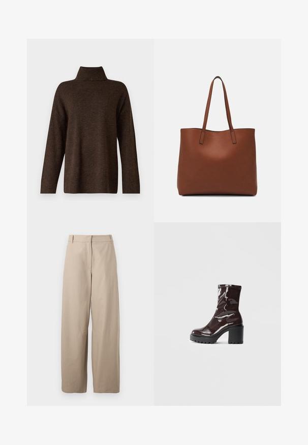 Brown knitted sweater with a high ribbed collar, wide sleeves, and a soft texture. Features a relaxed fit and ribbed accents on the sleeves.; Beige, wide-leg trousers made of cotton. Features flat front, two side pockets, and a smooth texture. Simple, functional design.; Glossy burgundy ankle boot with a chunky black heel, featuring a smooth texture and simple design. No visible fastenings or patterns.; Brown leather tote bag with a smooth texture, open top design, and two shoulder straps. Features minimal stitching and no visible hardware.