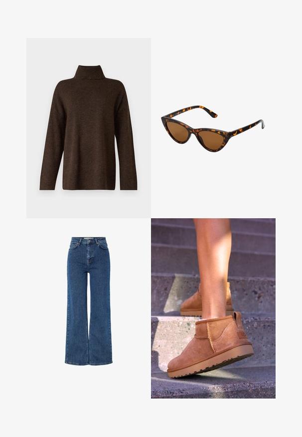 Smeđi pleteni pulover s visokim rebrastim ovratnikom, širokim rukavima i mekanom teksturom. Ima opušten kroj i rebraste detalje na rukavima.; Traperice s visokim strukom u plavoj boji, širokih nogavica, s tradicionalnim dizajnom od pet džepova, metalnim dugmetom za zatvaranje i kontrastnim šavovima.; Smešane čizme od tan velura s mekim tekstilom, sa šavnim detaljima i gumenim đonom, te petom s petljom za lako obuvanje.; Sunglasses u obliku mačjih očiju s okvirom u crno-narančastom kornjačevom uzorku, smešnim lećama i elegatnim, šiljastim vrhovima. Sadrži minimalni logo na dršci.