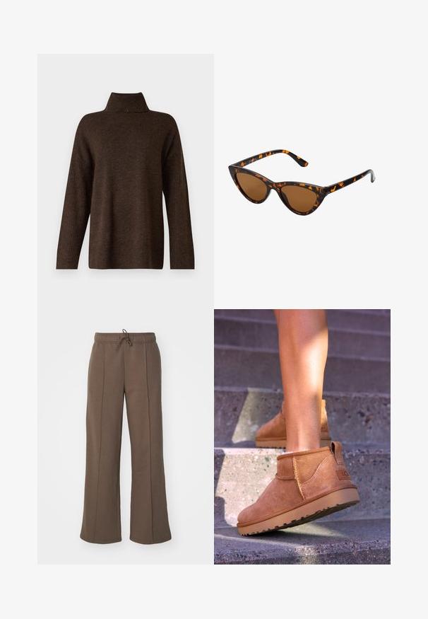 Rjav pleteni pulover z visokim rebrastim ovratnikom, širokimi rokavi in mehkobno teksturo. Ima sproščen kroj in rebraste detajle na rokavih.; Dickies MAPLETON STRAIGHT - Spodnji deli trenirk - mushroom; Svetlosive nobuck gležnjarji z mehko teksturo, všitimi detajli in gumijastim podplatom, z zanko na peti za enostavno obuvanje.; Mačje oči sončna očala z okvirom v črno-oranžni želvej ohišji, rjavimi lečami in elegantnimi, ostrimi konicami. Imajo minimalistični logo na ročaju.; Modra denimska torba s oblazinjeno, zaobljeno obliko in ukrivljenim ročajem. Tekstura je mehka, z vidnimi šivi in gladko površino.