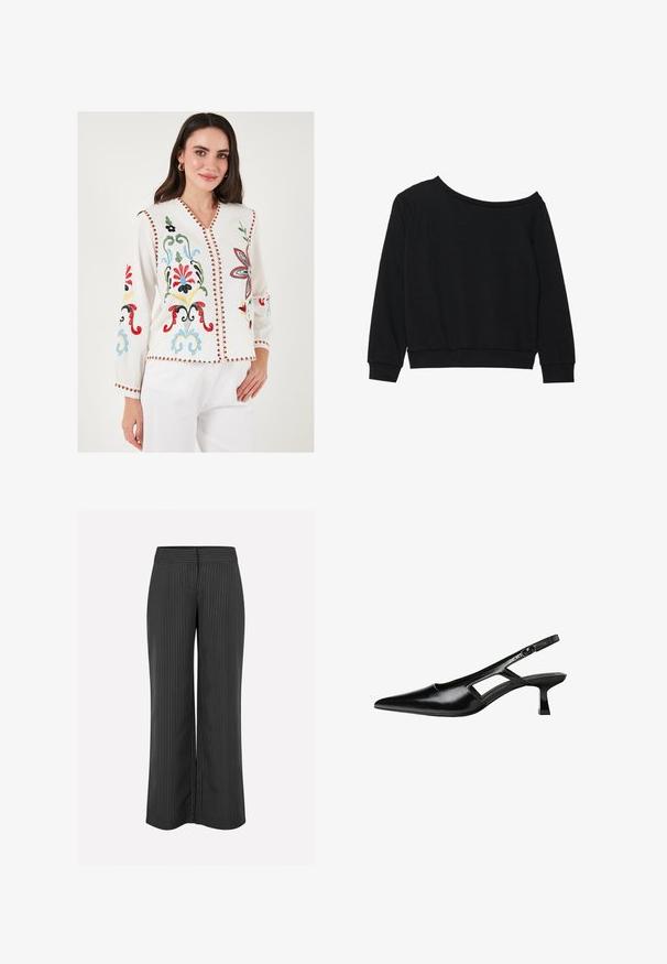 Czarna bluza typu off-shoulder z długimi rękawami, ściągaczami u dołu i w talii, uszyta z miękkiego, lekkiego materiału. Prosty, nieozdobiony design.; Biała haftowana bluzka z kolorowymi kwiatowymi wzorami, dekoltem w serek, długimi rękawami i dekoracyjnym czerwonym wykończeniem wzdłuż brzegów.; Czarne spodnie o szerokich nogawkach w białe paski, z gładkim pasem w talii i luźnym krojem dla wygody, wykonane z lekkiego materiału.; Czarne lakierowane czółenka na odkrytej pięcie z wąskim noskiem, z wykrojem po bokach i małym kwadratowym obcasem. Gładka faktura z minimalnymi akcentami.
