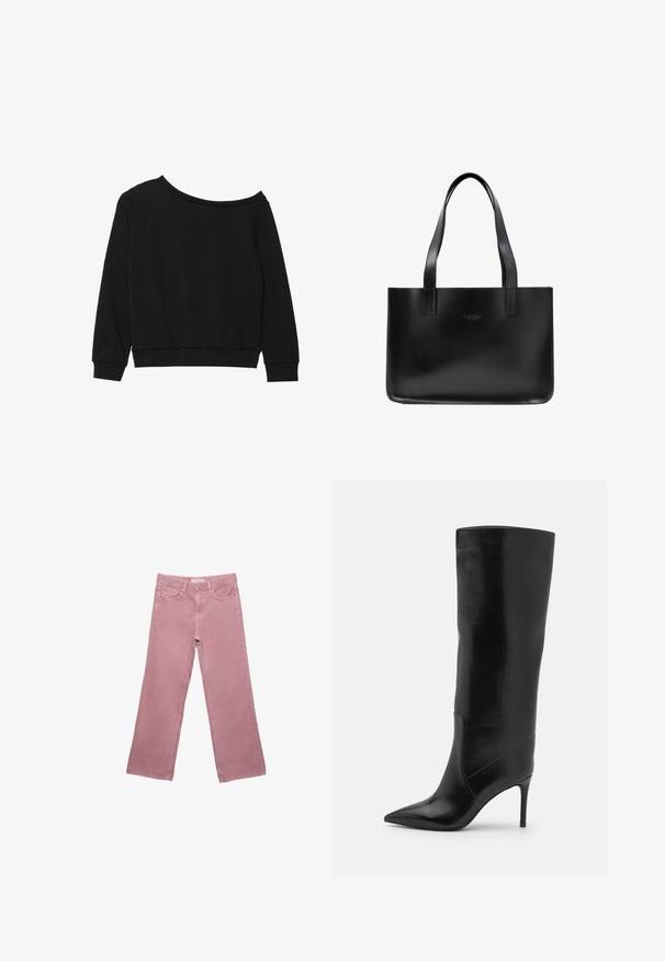 Mustat olka-aukkoiset collegepaidat pitkillä hihoilla, ribbaus käärmeissä ja vyötärössä pehmeästä, kevyestä kankaasta. Yksinkertainen, koristamaton muotoilu.; Vaaleanpunaiset leveälahkeiset farkut, jotka on valmistettu denimmateriaalista. Ne ovat korkeavyötäröiset, ja niissä on etutaskut sekä huomaamatonta ommeltua yksityiskohtaa. Pinnassa on sileä rakenne ilman kuvioita.; Jeffrey Campbell ARSEN - Saappaat - black; Musta nahkainen olkalaukku, jossa kaksi litteää kahvaa, suorakaiteen muoto, sileä pinta ja hillitty logovärkki edessä.