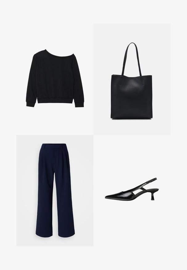 Schwarzes Off-Shoulder-Sweatshirt mit langen Ärmeln, gerippten Bündchen und Taillenzug aus einem weichen, leichten Stoff. Einfaches, unbeschöpftes Design.; Weit geschnittene Hosen in dunklem Marineblau, mit Falten an der Vorderseite, glattem Stoff und klassischem Bund. Keine sichtbaren Taschen oder Verzierungen.; Schwarze Lackleder-Slingback-High Heels mit spitzer Zehenform, ausgeschnittenem Seitendesign und kleinem Blockabsatz. Glatte Textur mit minimalen Akzenten.; Schwarze Laptoptasche aus Leder mit glatter Textur, rechteckiger Form und zwei langen Griffen. Keine sichtbaren Beschläge oder Verzierungen.