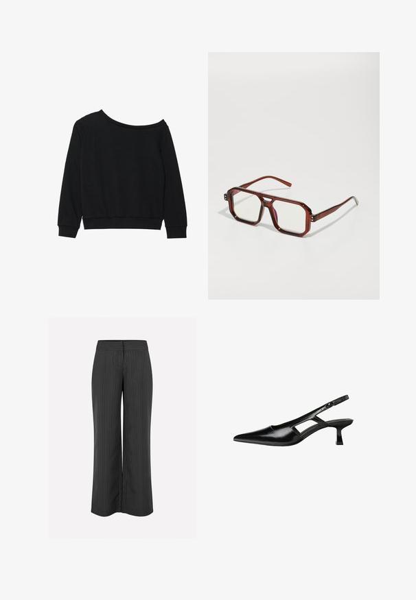Černá mikina bez ramene s dlouhými rukávy, žebrovanými manžetami a pasem z jemné, lehké látky. Jednoduchý, nezdobený design.; Černé široké kalhoty s bílými proužky, které mají hladký pas a uvolněný střih pro pohodlí, vyrobené z lehké tkaniny.; Černé lakované lodičky na podpatku se špičatou špičkou, výřezovým designem na boku a malým čtvercovým podpatkem. Hladká textura s minimálními akcenty.; Hnědé transparentní oversized brýle s obdélníkovými skly a štíhlými rámky. Šikmé, mírně zaoblené rohy a viditelné kovové detaily.