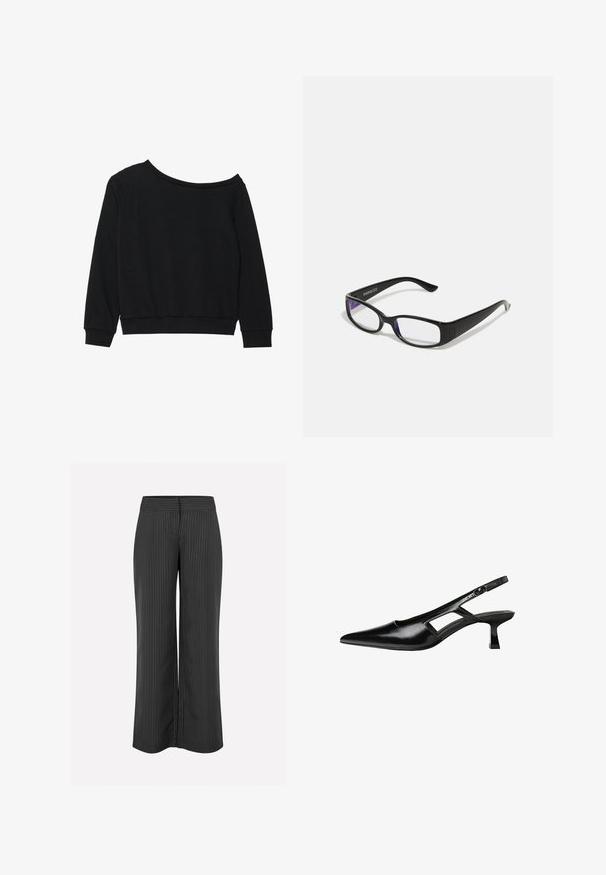 Felpa nera off-shoulder con maniche lunghe, polsini e vita a costine in un morbido e leggero tessuto. Design semplice e privo di decorazioni.; Pantaloni neri a gamba larga con righe bianche, dotati di una vita liscia e di una vestibilità comoda, realizzati in tessuto leggero.; Tacchi slingback in pelle verniciata nera con punta affusolata, design con tagli laterali e tacco quadrato piccolo. Texture liscia con dettagli minimi.; Occhiali rettangolari neri con lenti trasparenti. Finitura lucida, bracci sottili e una sfumatura viola visibile ai bordi delle lenti.