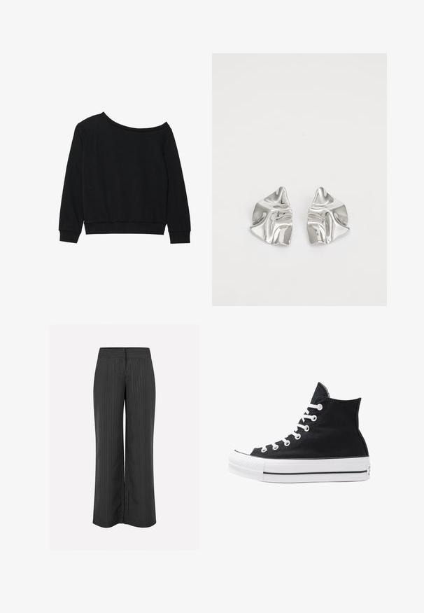 Sweatshirt noir dégageant les épaules, avec des manches longues, des poignets et une taille côtelés en tissu doux et léger. Design simple et sans ornements.; Pantalons larges noirs avec des rayures blanches, dotés d'une taille lisse et d'une coupe décontractée pour plus de confort, fabriqués en tissu léger.; Baskets montantes noires en toile avec œillets, lacets et semelle en caoutchouc blancs. Présentent un orteil texturé et des accents rayés noir et blanc.; Boucles d'oreilles en métal argenté avec un design ondulé et sculptural, présentant une finition polie et des formes irrégulières, mettant en valeur une esthétique contemporaine.