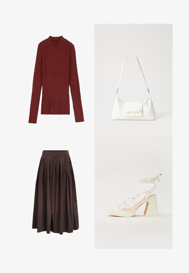 Žebrovaný bordový rolák s dlouhými rukávy a přiléhavým střihem. Měkká textura, minimalistický design a žádné viditelné kovové prvky.; Hnědá plisovaná midi sukně s vysokým pasem, vyrobená z hladkého materiálu, s plnou siluetou a bočními kapsami pro zvýšenou funkčnost.; Bílé sandály na vysokém podpatku s robustním podpatkem, s designem s pásky a zavazováním kolem kotníku. Hladký povrch s platformou vpředu pro zvýšení výšky.; Bílá syntetická kabelka v trojúhelníkovém tvaru, s plochým předním klopným víkem a detailem mašle, nastavitelným popruhem, hladkým povrchem a minimalistickým designem.