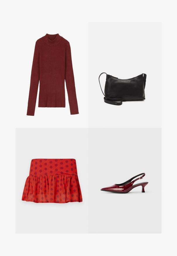 Sweater de gola alta em bordeaux, com riscas, mangas longas e silhueta justa. Textura suave, design minimalista e sem peças hardware visíveis.; Saia vermelha com Babados e bolinhas pretas, feita de tecido leve. Apresenta uma cintura ajustada e um design em camadas.; Sapatos de salto slingback em couro patente bordô, com bico pontudo e um elegante salto stiletto. Design de costas abertas com detalhe de tira ajustável no tornozelo.; Bolsa de ombro em pele preta com textura suave, forma curva, alça ajustável e fecho com zip. Design minimalista sem adornos.
