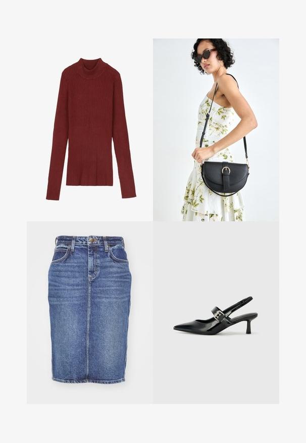 Ribbed, bordowy sweter z golfem, z długimi rękawami i dopasowanym krojem. Miękka tekstura, minimalistyczny design i brak widocznych elementów metalowych.; Jasnoniebieska spódnica dżinsowa o prostym kroju, pięcioma kieszeniami i markowym zapięciem na guzik w talii. Klasyczna tekstura dżinsów.; Czarne lakierowane szpilki slingback z wąskim noskiem i małym słupkiem, z ozdobnym srebrnym klamrą na pasku.; Czarna skórzana torebka o zakrzywionym kształcie, z odpinanym paskiem i złotymi akcentami. Torebka posiada klapę z zapięciem w kształcie klamry.