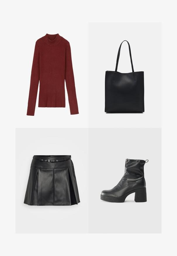Sweater de gola alta em bordeaux, com riscas, mangas longas e silhueta justa. Textura suave, design minimalista e sem peças hardware visíveis.; Saia de imitação de couro preta com uma cintura ajustada, cinto ajustável e design pregueado. Apresenta uma textura suave e um corte definido.; Botas de tornozelo pretas feitas de couro liso, com fecho lateral, salto grosso texturizado e design de bico arredondado.; Bolsa tote preta em couro com textura lisa, forma retangular e duas alças longas. Sem hardware ou enfeites visíveis.
