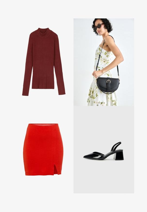 Žebrovaný bordový rolák s dlouhými rukávy a přiléhavým střihem. Měkká textura, minimalistický design a žádné viditelné kovové prvky.; Červená pletená sukně s přiléhavým střihem, která má boční rozparek a lem, který končí těsně nad středem stehna. Hladká textura, jednoduchá konstrukce.; Černé lakované kožené lodičky na pásku s špičatou špičkou a geometrickým blokovým podpatkem. Vyznačují se elegantním, minimalistickým designem a hladkým povrchem.; Černá kožená kabelka s křivkovým tvarem, odnímatelným popruhem a zlatými detaily. Kabelka má klopu s přezkou.