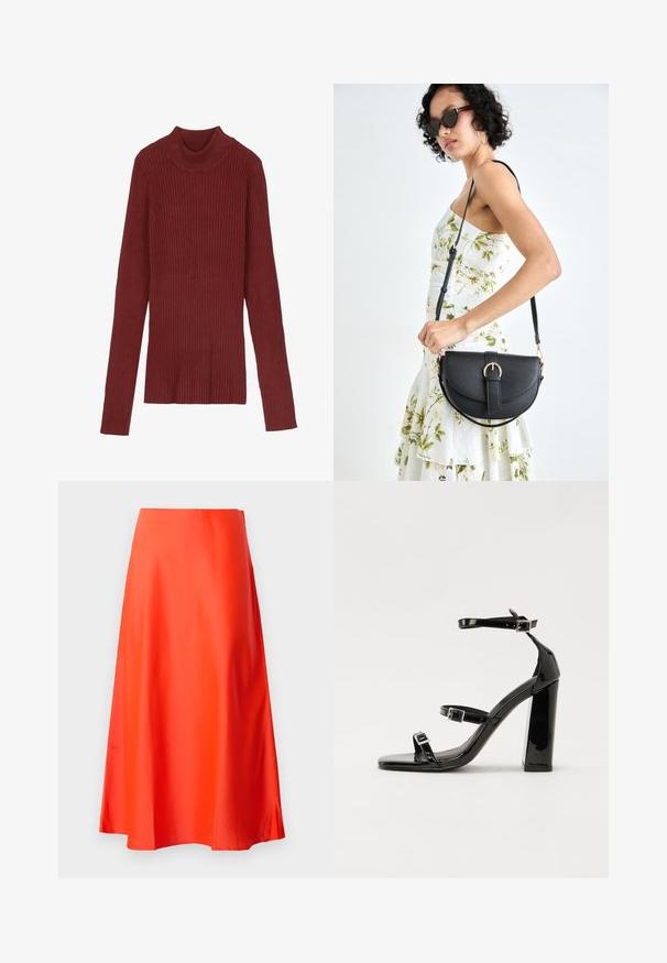 Ribbed, maroon turtleneck sweater with long sleeves and a fitted silhouette. Soft texture, minimalistic design, and no visible hardware.; Red satin midi skirt with a smooth texture, A-line silhouette, and a subtle flare at the hem. No visible patterns or embellishments.; Black patent high-heeled sandals with two buckle straps, square toe, and a chunky block heel, featuring a smooth, glossy texture.; Black leather handbag with a curved shape, detachable strap, and gold hardware. The bag features a flap with a buckle detail.