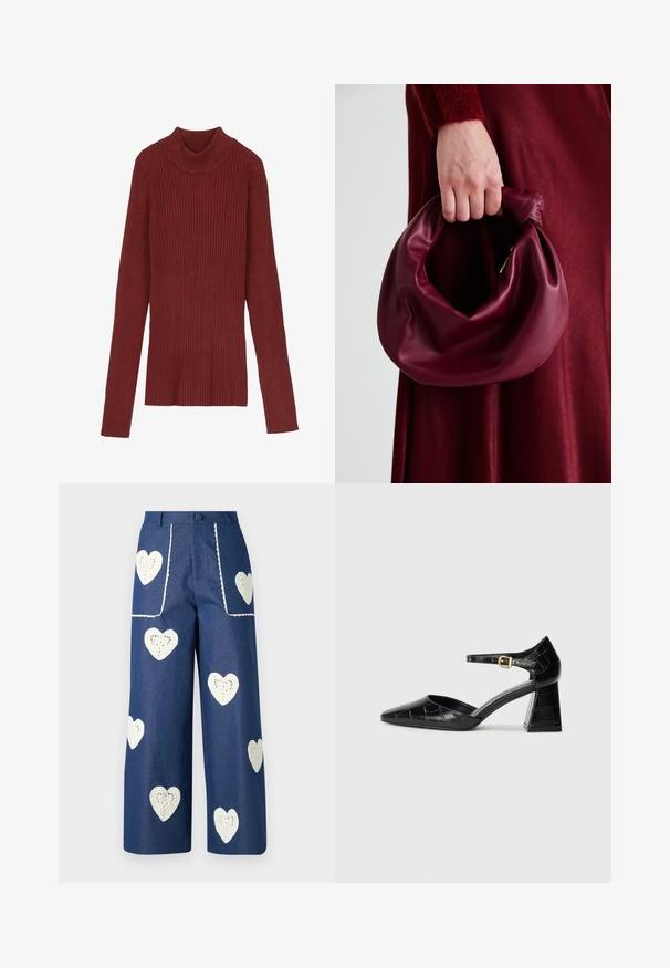 Ribblots, bordo krāsas džemperis ar garām piedurknēm un piegulošu siluetu. Maigs audums, minimālistisks dizains un nav redzamu aksesuāru.; Sister Jane HEART TO HEART - Džinsi ar taisnām starām - blue denim; Melnas patentētas ādas augstpapēžu kurpes ar norādītu pirkstu, potītes siksnu un teksturētu krokodila rakstu. Kvadrātveida bloka papēža dizains.; Burgundijas ādas rokassoma ar mīkstu, sakrautu dizainu un apaļu formu. Rokturi ir nostiprināti, parādot gludu tekstūru.