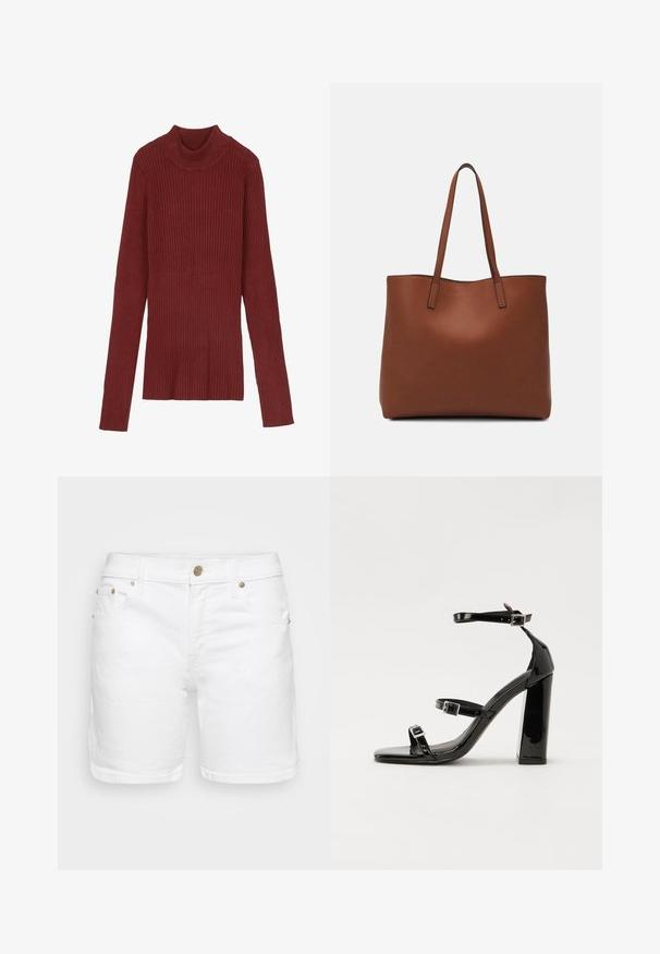 Ribana, maroon turtleneck pulover z dolgimi rokavi in oprijetim krojem. Mehak otip, minimalističen dizajn in brez vidnih delov.; Belo bombažnimi kratkimi hlačami iz belega jeansa, ki se ponašajo s klasičnim dizajnom s petimi žepi, zlatimi detajli in ravnim krojem z urejenim robom.; Črne lakaste sandale z visokimi petami, z dvema trakovoma z zaponkama, kvadratnim sprednjim delom in masivno širšo peto, z gladko, sijočo teksturo.; Rjava usnjena torba z gladko teksturo, odprto zasnovo zgoraj in dvema naramnima trakovoma. Opremljena je z minimalnim šivanjem in brez vidnih kovinskih delov.