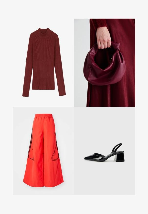 Ribblots, bordo krāsas džemperis ar garām piedurknēm un piegulošu siluetu. Maigs audums, minimālistisks dizains un nav redzamu aksesuāru.; Sarkani plati bikses ar elastīgu jostas vietu, kontrastējošām melnām sānu svītrām un divām ārējām kabatām ar izliektām atverēm.; Melna lakota āda ar atvērto papēdi, ar smailu purngalu un ģeometrisku blokpapēdi. Iezīmējas elegants, minimāls dizains un gluda tekstūra.; Burgundijas ādas rokassoma ar mīkstu, sakrautu dizainu un apaļu formu. Rokturi ir nostiprināti, parādot gludu tekstūru.
