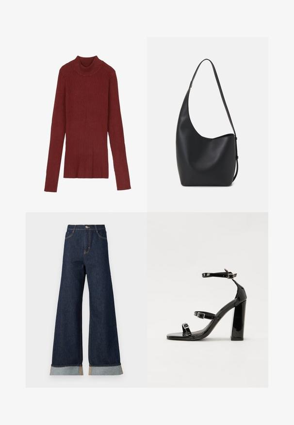 Sweater de gola alta em bordeaux, com riscas, mangas longas e silhueta justa. Textura suave, design minimalista e sem peças hardware visíveis.; Jeans de ganga escura de perna larga com costura laranja, apresentando uma cintura alta, dois bolsos frontais e punhos dobrados que mostram um tecido de contraste azul claro.; Sandálias pretas de verniz com salto alto, duas fivelas, biqueira quadrada e salto largo, apresentando uma textura lisa e brilhante.; Saco hobo preto em pele com uma textura lisa, forma curva e uma única alça ajustável; apresenta uma abertura larga na parte de cima.