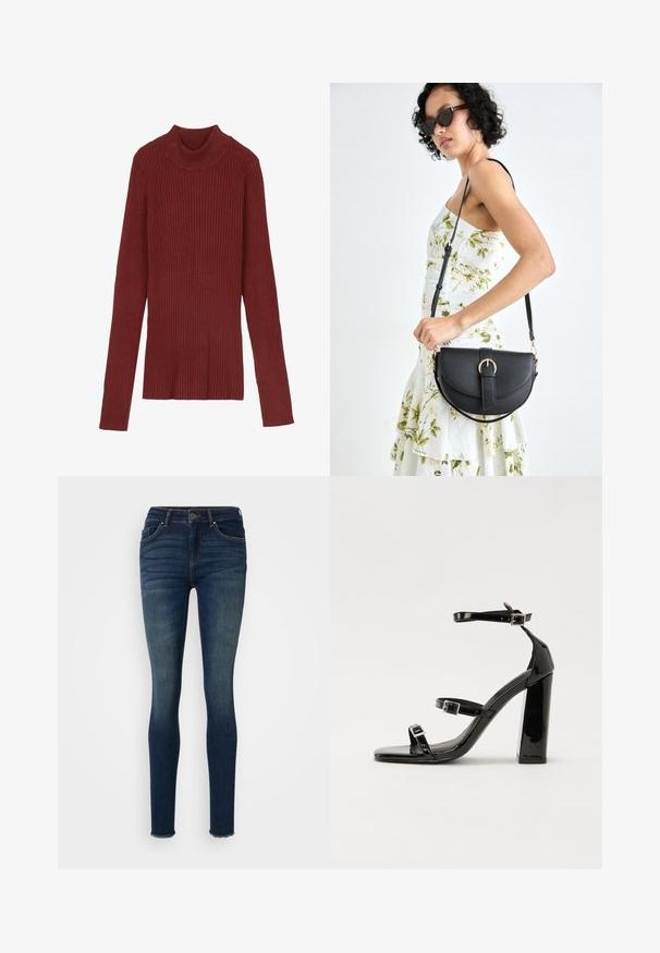 Sweater de gola alta em bordeaux, com riscas, mangas longas e silhueta justa. Textura suave, design minimalista e sem peças hardware visíveis.; Jeans skinny azul-escuro em tecido denim, com cintura de média altura, design de cinco bolsos e barras desfiadas. Textura suave com desbotamento discreto.; Sandálias pretas de verniz com salto alto, duas fivelas, biqueira quadrada e salto largo, apresentando uma textura lisa e brilhante.; Bolsa de couro preta com forma curva, alça destacável e detalhes em dourado. A bolsa possui uma aba com detalhe de fivela.