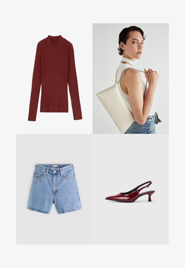 Ribota, bordinė golfas su ilgomis rankovėmis ir pritaikytu siluetu. Minkšta tekstūra, minimalistinis dizainas ir nematomi elementai.; Šviesiai mėlyni džinsiniai šortai su aukštu liemeniu, penkiomis kišenėmis, matomomis siūlėmis ir suplėšytais kraštais. Turi mygtuko ir užtrauktuko uždarymą.; Burgundiško lakuoto odos slingback kulniukai su smailiu smailiu ir elegantišku stiletto kulnu. Atvira nugaros konstrukcija su reguliuojamu kulkšnies dirželiu.; Balta, stačiakampio formos rankinė pagaminta iš blizgaus medžiagos, su sidabriniu virvute. Modelis pozavo, demonstruodamas rankinę prieš paprastą foną.