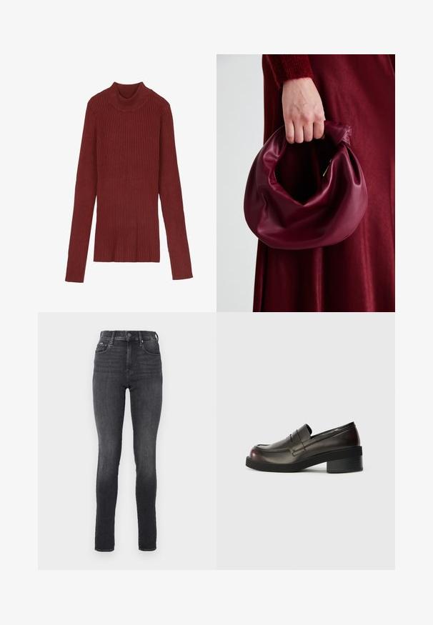 Ribblots, bordo krāsas džemperis ar garām piedurknēm un piegulošu siluetu. Maigs audums, minimālistisks dizains un nav redzamu aksesuāru.; Augsta jostasvieta šaurās džinsās tumši pelēkā krāsā ar gludu tekstūru, ar priekšējiem kabatām un metāla pogu aizdari jostasvietā.; Tumši brūni ādas loafers ar apaļu purngalu, šūšanas detaļām un mērenu kvadrātveida papēdi. Gluda tekstūra, minimālisma dizains.; Burgundijas ādas rokassoma ar mīkstu, sakrautu dizainu un apaļu formu. Rokturi ir nostiprināti, parādot gludu tekstūru.