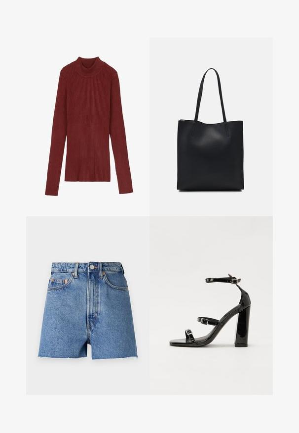 Sweater de gola alta em bordeaux, com riscas, mangas longas e silhueta justa. Textura suave, design minimalista e sem peças hardware visíveis.; Calças de ganga de cor azul clara com cintura alta, bainha desfiada e acessórios em cobre. Apresenta dois bolsos frontais e o clássico design de cinco bolsos.; Sandálias de tacão preto laqueadas com bico quadrado, tiras para o tornozelo e fivelas prateadas. Apresentam um salto bloco chunky para estabilidade.; Bolsa tote preta em couro com textura lisa, forma retangular e duas alças longas. Sem hardware ou enfeites visíveis.