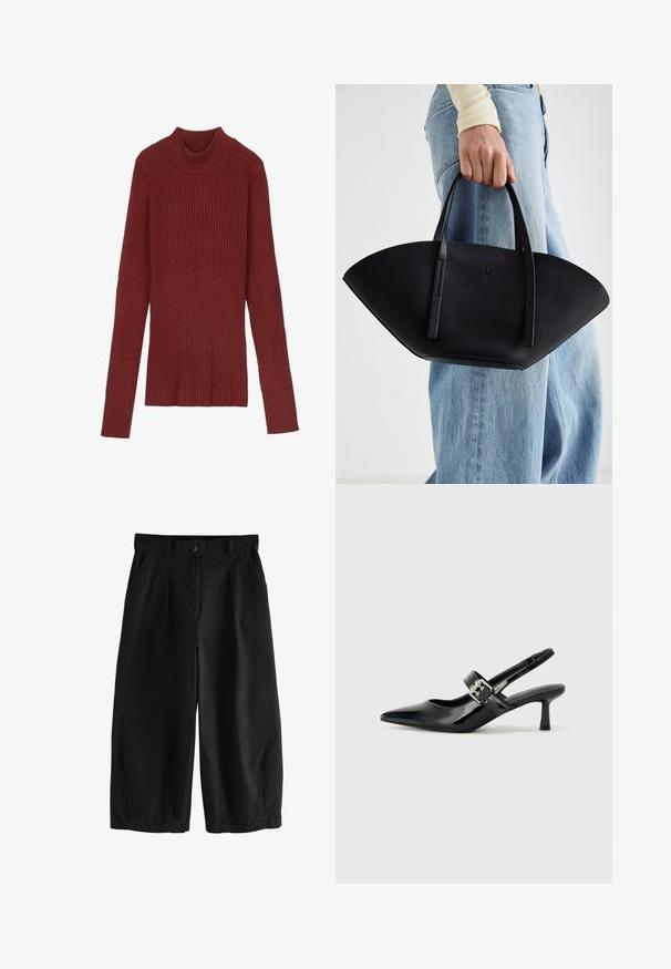 Rippentierter, kastanienroter Rollkragenpullover mit langen Ärmeln und figurnahem Schnitt. Weiche Textur, minimalistisches Design und keine sichtbaren Beschläge.; Schwarze weite Baumwollhosen mit Knopfverschluss, vorderen Falten und seitlichen Taschen; glatte Textur und lockere Passform.; Schwarze Lackleder Slingback-Absätze mit spitzem Zeh und kleinem Blockabsatz, ausgestattet mit einem silbernen Schnallenakzent am Riemen.; Schwarze Lederhandtasche mit einzigartiger Fächerform, ausgestattet mit flachen Griffen. Die Oberfläche hat eine genoppte Textur und ein minimalistisches Design.