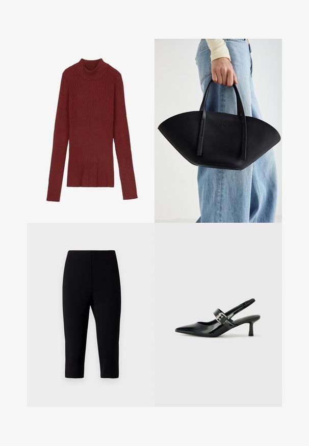 Ribbede, maroon genser med høy hals, lange ermer og en tettsittende silhuett. Myk tekstur, minimalistisk design og ingen synlige detaljer.; Svarte capri-bukser laget av elastisk stoff, med en tettsittende design som slutter rett under kneet, med en glatt tekstur og uten synlige sømmer.; Svarte patent lær slingback hæler med spiss tå og en liten blokkheel, med en sølvspenne som detalj på stroppen.; Svart skinnveske med en unik vifteform, med flate håndtak. Overflaten har en pebblelignende tekstur og et minimalistisk design.