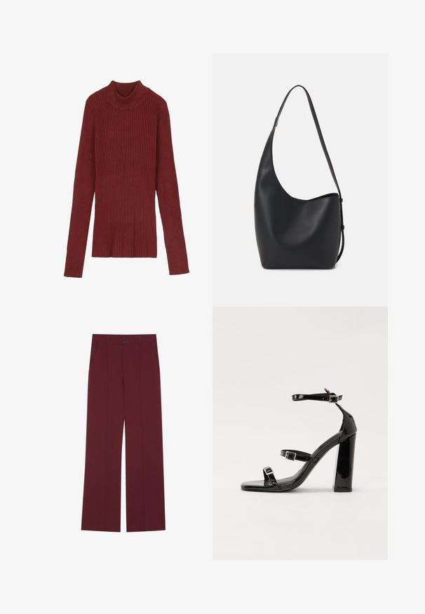 Pulover turtleneck cu dungi, de culoare vișinie, cu mâneci lungi și o siluetă ajustată. Textură moale, design minimalist și fără elemente de prindere vizibile.; Pantaloni burgundy cu un design cu picior larg, cu închidere cu nasture, două buzunare laterale și detalii pliate în față. Textură de țesătură netedă.; Sandale negre din piele lacuită, cu toc înalt, două curele cu catarame, vârf pătrat și toc gros, având o textură netedă și lucioasă.; Geantă hobo din piele neagră, cu o textură netedă, formă curbată și un singur bretele ajustabil; are o deschidere largă în partea de sus.