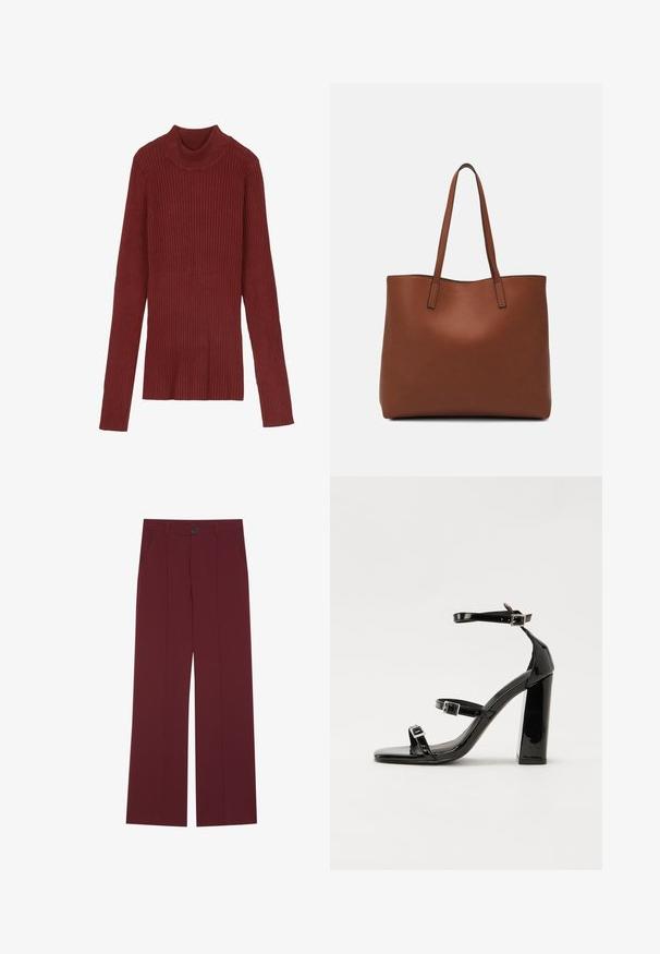 Ribbede, maroon genser med høy hals, lange ermer og en tettsittende silhuett. Myk tekstur, minimalistisk design og ingen synlige detaljer.; Burgunderfargede bukser med vid ben-design, med en knaplukking, to sidelommer og frontdetaljer med brett. Glatt stofftekstur.; Svarte høyhælte sandaler i lakk med to spennestraps, firkantet tå og en tykk blokkhæl, med en glatt, blank tekstur.; Brun lær tote veske med en jevn tekstur, åpen toppdesign og to skulderstropper. Har minimal søm og ingen synlige spiker.