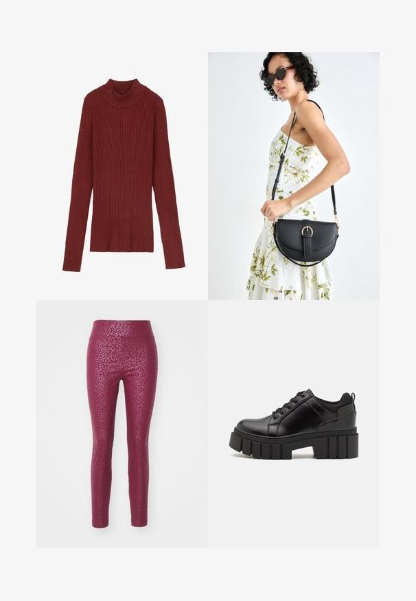 Prúžny, marhuľový rolák so skrátenými rukávmi a priliehavým siluetou. Mäkka textúra, minimalistický dizajn a žiadne viditeľné kovanie.; Priliehavé legíny v burgundskej farbe s textúrovaným leopardím vzorom, s vysokým pásom a hladkým povrchom.; Čierne kožené platformy s masívnym blokovým podpätkom, okrúhlou špičkou a tradičným šnurovaním. Má hladký povrch a minimálne detaily.; Čierna kožená kabelka s zaobleným tvarom, odnímateľným popruhom a zlatými doplnkami. Kabelka má klopu s detailom s prackou.