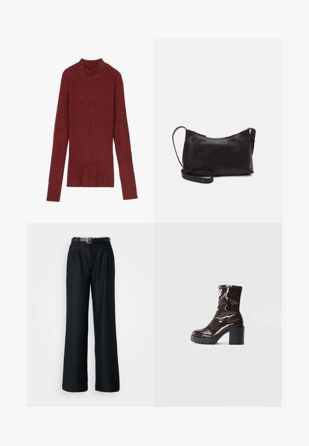 Ribbad, vinröd polotröja med lång ärm och en kroppsnära silhuett. Mjuk textur, minimalistisk design och ingen synlig hårdvara.; Svarta vida byxor gjorda av ett slätt tyg, med framvikt och ett matchande svart bälte med en silverspänne.; Glansig bordeauxfärgad ankelsko med en kraftig svart klack, som har en slät yta och enkel design. Inga synliga stängningar eller mönster.; Svart läder axelväska med en slät yta, rundad form, justerbar rem och dragkedjestängning. Minimalistisk design utan utsmyckningar.