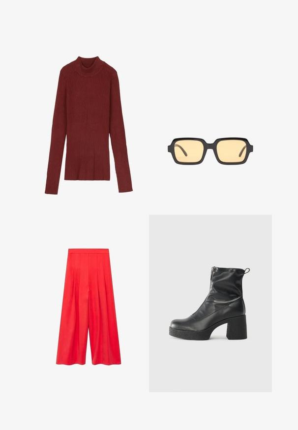 Ribana, maroon turtleneck pulover z dolgimi rokavi in oprijetim krojem. Mehak otip, minimalističen dizajn in brez vidnih delov.; Rde široke hlače z visokim pasom, ki imajo gube in gladko teksturo. Oblikovanje je ohlapno, kar povečuje udobje in svobodo gibanja.; Črne gležnjarje iz gladke kože z božnim zadrgo, masivnim teksturiranim peto in zaobljeno obliko prstov.; Črne pravokotne sončna očala z rumenimi lečami, lahka okvir in značilne ravne robove na ušesnicah. Gladka, sijoča končana.; Črna usnjena torbica s ukrivljeno obliko, z odstranljivo naramnico in zlatimi dodatki. Torbica ima pokrov s podrobnostmi v obliki zaponke.