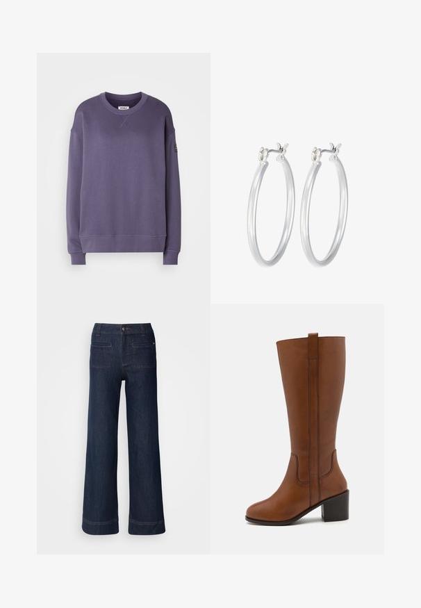 Vijolična pulover s crewneck izrezom, dolgimi rokavi, rebrastimi manšetami in obrobjem, majhnim detajlom na sprednjem vratu ter črnim oznako na levem rokavu.; Mos Mosh GLAM - Široke hlačnice - dark blue; Rjavi usnjeni škorenj z višino do kolen, okrogle konice, stranskimi šivi in blok peto. Vključuje zanko na hrbtni strani za enostavno obuvanje.; Srebrni obroči za ušesa z gladko, polirano površino. Okrogla oblika in varna zaponka s klikom. Lahka zasnova, primerna za vsakodnevno nošenje.