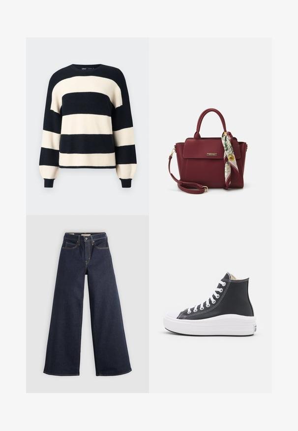 Pulover rayat cu dungi orizontale late în nuanțe de albastru marin și crem. Guler și manșete cu model canelat, cu o croială lejeră. Textură moale.; Jeans din denim cu picioare largi, de culoare albastru închis, cu cusături în contrast. Prezintă un design tradițional cu cinci buzunare și o închidere cu buton la talie.; Încălțăminte sport înaltă neagră cu șireturi albe și talpă din cauciuc. Prezintă o textură din piele netedă și accente de cusături albe.; Geantă bordeaux din material sintetic, cu un design structurat, având un breteau detașabil și o eșarfă cu un model floral legată de mânere.