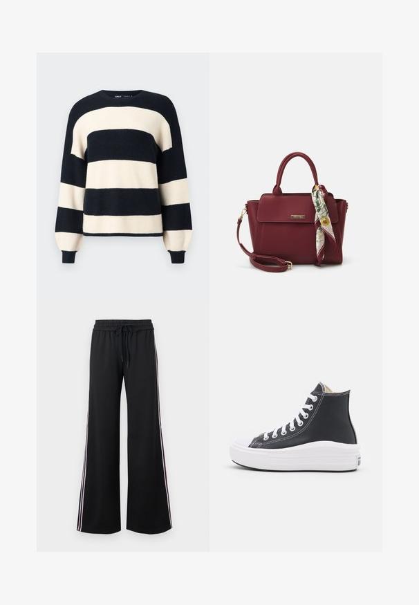 Pulover rayat cu dungi orizontale late în nuanțe de albastru marin și crem. Guler și manșete cu model canelat, cu o croială lejeră. Textură moale.; Pantaloni negri cu talie largă, dintr-un material moale, având un elastic la brâu și șnur. Prezintă dungi laterale albe și vin cu contrast.; Încălțăminte sport înaltă neagră cu șireturi albe și talpă din cauciuc. Prezintă o textură din piele netedă și accente de cusături albe.; Geantă bordeaux din material sintetic, cu un design structurat, având un breteau detașabil și o eșarfă cu un model floral legată de mânere.