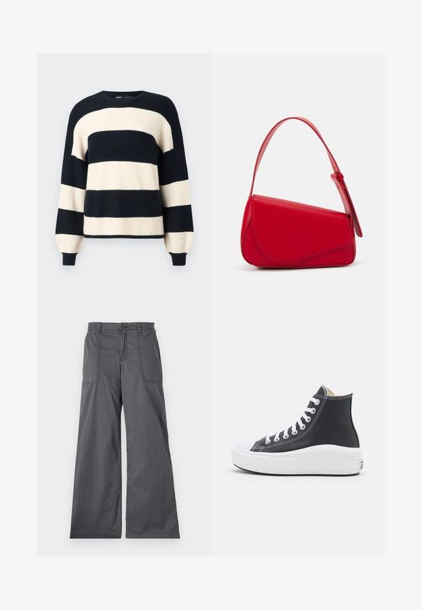 Stripete genser med brede horisontale striper i mørkeblått og kremfarge. Ribbet halsutringning og mansjetter med en avslappet passform. Myk tekstur.; Grå vide bukser med en glat tekstur, der har frontlommer, knaplukning og syede detaljer langs sømmene.; Sorte høye sneakers med hvite snører og gummisåle. Har en glatt lærtekstur og hvite søm detaljer.; Rød lærveske med en vinklet, geometrisk design. Har en enkelt justerbar stropp og en klaffelukking med sydd detaljer.