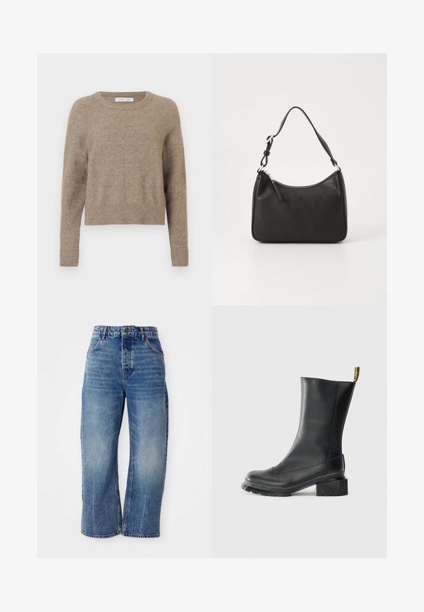 Bežs crew-neck džemperis, izgatavots no mīksta auduma. Tam ir ribota aproces un apakšmalas, nedaudz saīsināts dizains un minimāla tekstūra.; Free People DEEP TRANCE DROPPED - Brīva piegriezuma džinsi - blue denim; Melna ādas potīšu kurpe ar blokveida papēdi, gluda tekstūra, noapaļota pirksta daļa un papēža cilpa ar dzeltenu zīmolu.; Melnas ādas rokassomu ar izliekta formu, vienu siksnu, ar rāvējslēdzēju aizdari un diskrētu zīmolu uz priekšpuses. Gluda tekstūra, minimālisma dizains.