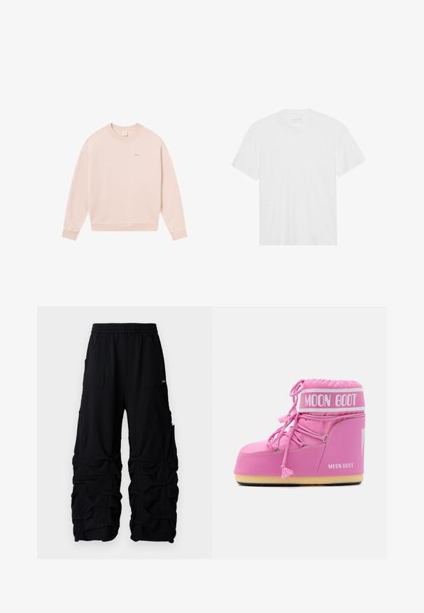 Šviesiai rožinė džemperis, pagamintas iš minkštos medžiagos, su iškiliais rankovėmis ir apačia, ant krūtinės yra mažas siuvinėtas logotipas.; Balta medvilninė marškinė su trumpomis rankovėmis, apvaliu kaklu ir tiesiu apvadu. Lygus paviršius, minimalistiškas dizainas be raštų ar akcentų.; AVAVAV Treningo apatinė dalis - black; Rožinė mėnulio botai su aukštu viršumi, tekstūruota medžiaga, dekoratyvios šnūrų juostos ir prekės ženklą turintis diržas. Apsaugoti tvirtą pado konstrukciją stabilumui.