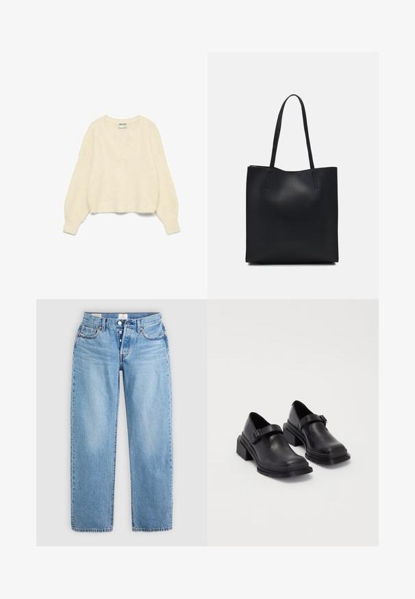 Suéter de punto marfil con un escote en V profundo, mangas largas y dobladillo acanalado. Textura suave; diseño ligeramente corto con detalles de corte holgado.; Vaqueros de mezclilla azul claro con corte recto, cinco bolsillos y cierre de botón. Presentan detalles de costura y un dobladillo limpio.; Zapatos de cuero negros con punta redondeada, suela plana y una correa con detalle de hebilla. Tacón cuadrado grueso para mayor estabilidad.; Bolso tote de cuero negro con textura lisa, forma rectangular y dos asas largas. Sin herrajes ni adornos visibles.
