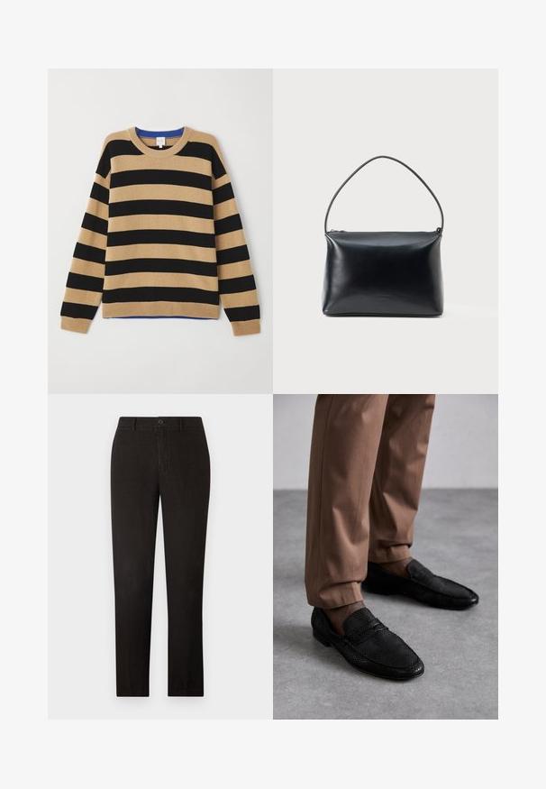 Csíkozott pulóver, fekete és bézs csíkokkal váltakozva, bordás kerek nyakkal és kék díszítéssel a nyak körül. Puha tapintású, laza szabású.; 120% Lino MEN PANT - Nadrágok - black; Fekete loaferek textúrált mintázattal, lekerekített orral és alacsony profillal. Barna nadrággal párosítva egy szürke felületen.; Fekete sima bőrtáska egyetlen ívelt fogantyúval és tetején cipzáros zárással, sima fehér háttér előtt bemutatva.