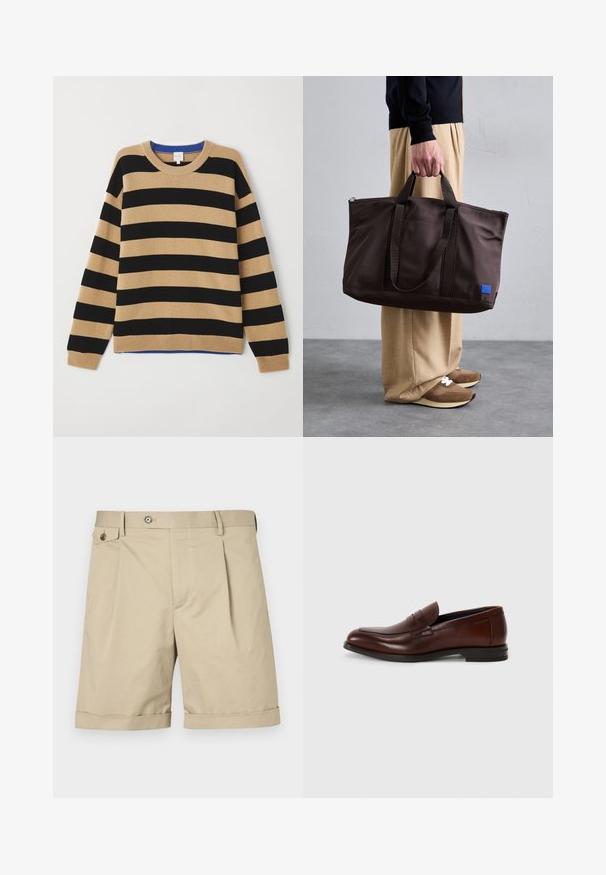 Gestreifter Pullover mit abwechselnd schwarzen und sandfarbenen Streifen, geripptem Rundhalsausschnitt und blauen Akzenten am Hals. Weicher Stoff, lockere Passform.; Beige Shorts aus Baumwoll-Mischgewebe mit vorderen Falten, einem Knopfverschluss und umgeschlagenen Säumen für zusätzliche Design-Details.; Braune Lederloafers mit runder Zehenform, einem vorderen Riemen-Detail und einem niedrigen, gestapelten Absatz. Glatte Textur mit minimalen dekorativen Akzenten.; Braune Nylon-Tote mit doppelten Tragegriffen, Reißverschlussverschluss und einem blauen Logo-Patch. Glatte Textur, strukturierte Form, geräumiges Innenleben.
