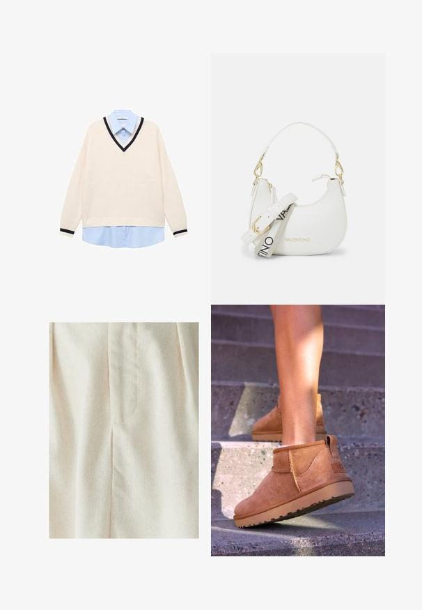 Svetr s výstřihem do V v krémové barvě s ribbed texturou, zdobený námořnickým lemováním. Nosí se přes světle modrou košili s límečkem. Dlouhé rukávy.; WILLA MIMIE MIDI - Plisovaná sukně - natural; Světlé semišové kotníkové boty s měkkou strukturou, prošívanými detaily a gumovou podrážkou, s okrouhlým podpatkem pro snadné obouvání.; Bílá kabelka s zakřivenou siluetou, texturovaná kůže, zlaté kovové detaily a odnímatelný popruh s logem a přezkovým detailem.