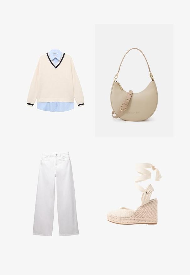 V-ringad tröja i krämfärg med ribbad textur, prydd med en marinblå kant. Lagd över en ljusblå skjorta med krage. Långa ärmar.; Vita vida byxor i jeansmaterial. Har knäppning i midjan, fram- och bakfickor samt stickade sömmar. Slät yta med minimala detaljer.; Kilklackad sandal med vävt beige överdel, tygankelband och flätad juteklack. Har en slutet häl och öppen tå-design.; Beige läderhandväska med en halvmåneform, med avtagbar axelrem, guldfärgad hårdvara och präglad "Valentino"-logotyp.